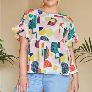 Ruffle Cuff Geo Print Peplum Top